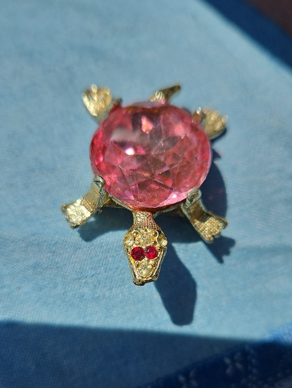 Vintage Large PINK Rhinestone Jelly BELLY Turtle Brooch